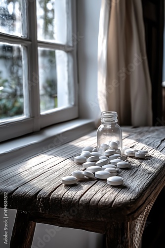 Pills on wooden bench beside window