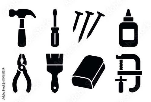 Construction silhouette icons set – tools, building and repair symbols
