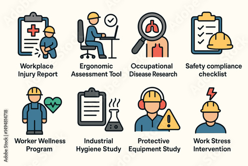 Workplace safety flat icons set – checklist, wellness, protection symbols