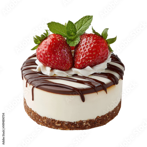 A small vanilla cake is topped with strawberries, mint and chocolate drizzle.