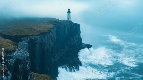 Dramatic lighthouse on a rugged cliff overlooking stormy seas