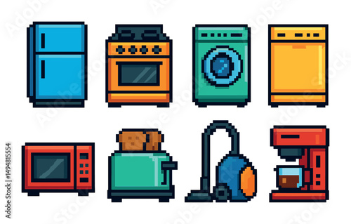 Home appliances pixel art icons set – outline, line, kitchen gadgets, household tools