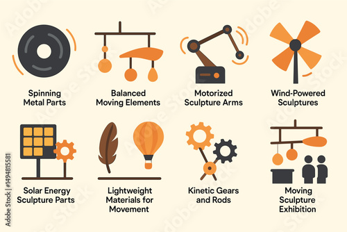 Moving sculpture silhouette icons set – kinetic, wind-powered, mechanical designs