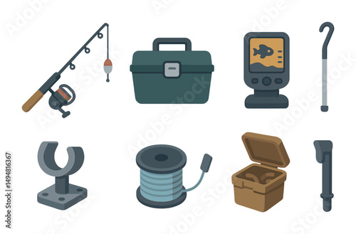 Fishing and outdoor gear icons set – flat, silhouette, camping and angling symbols