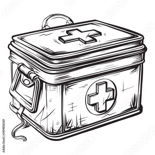 Black and white vector outline of an old first aid box, coloring page style