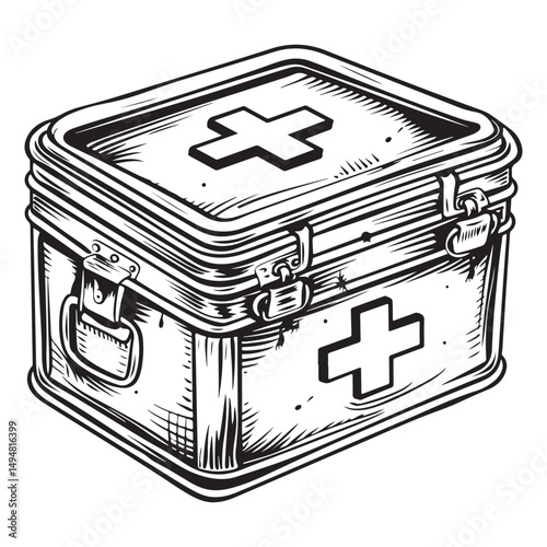 Black and white vector outline of an old first aid box, coloring page style