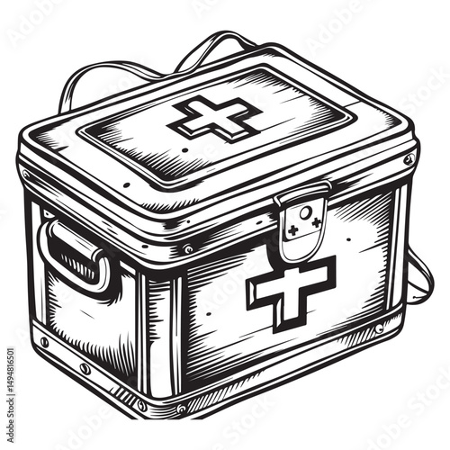 Black and white vector outline of an old first aid box, coloring page style