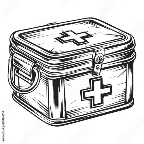 Black and white vector outline of an old first aid box, coloring page style
