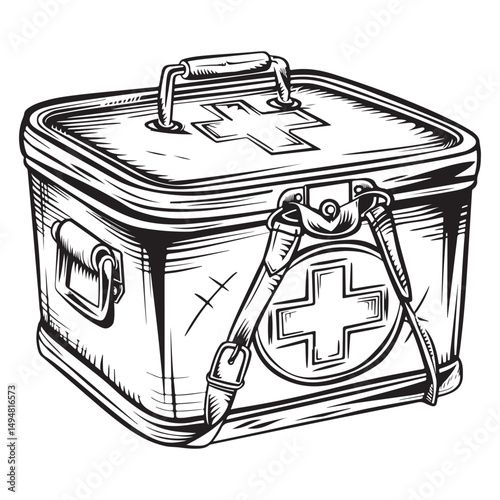 Black and white vector outline of an old first aid box, coloring page style