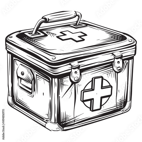 Black and white vector outline of an old first aid box, coloring page style