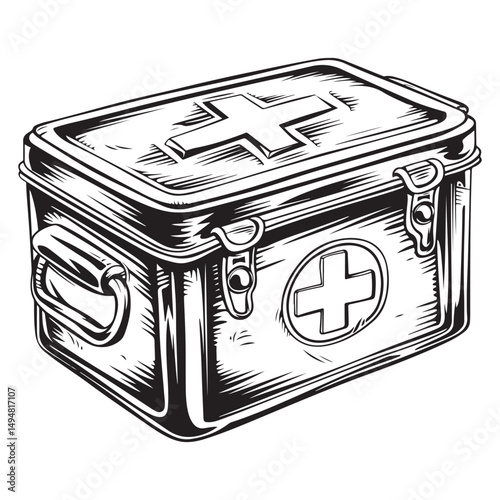 Black and white vector outline of an old first aid box, coloring page style
