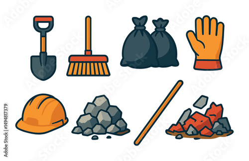 Construction flat icons set – tools, equipment, site management essentials