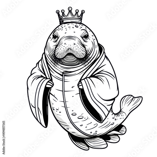 Elegant Seal King Drawing. Seal wearing royal robe and crown. Line art illustration.