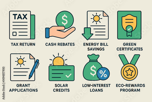 Business and finance flat icons set – grant, tax, eco-friendly symbols