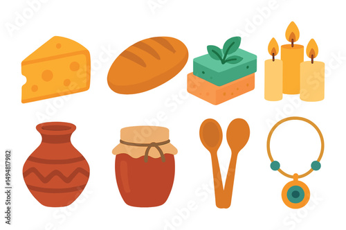 Medieval cuisine flat icons set – culinary, food preservation, traditional
