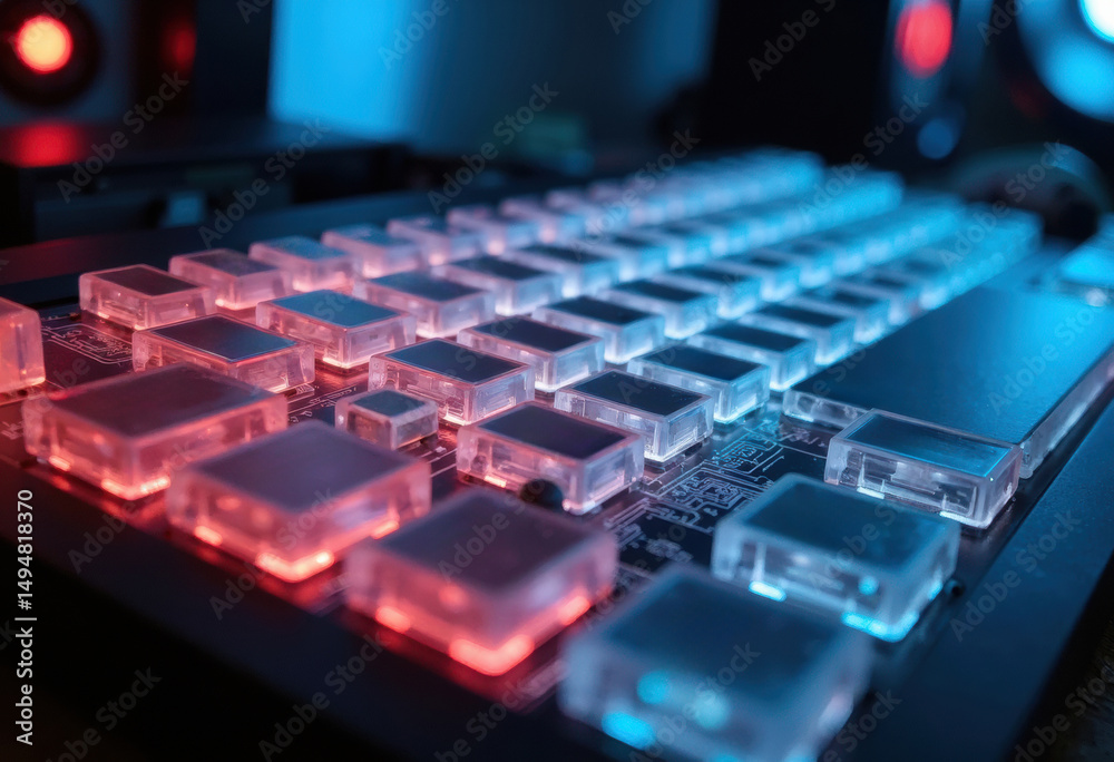 Obraz premium Close-up of a colorful electronic music production device with illuminated buttons