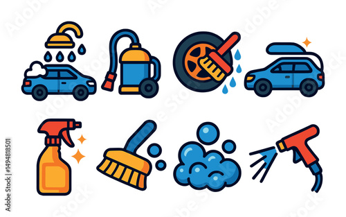 Car wash and cleaning icons set – flat, filled, vehicle maintenance symbols