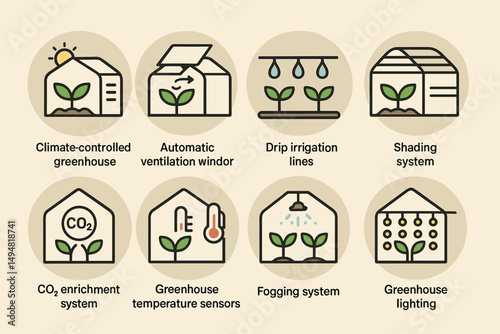 Smart farming outline icons set – greenhouse, eco, and agriculture symbols