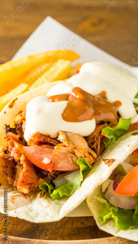The taco is folded tightly and grilled, leaving distinct grill marks on the tortilla, set against a warm, rustic background.