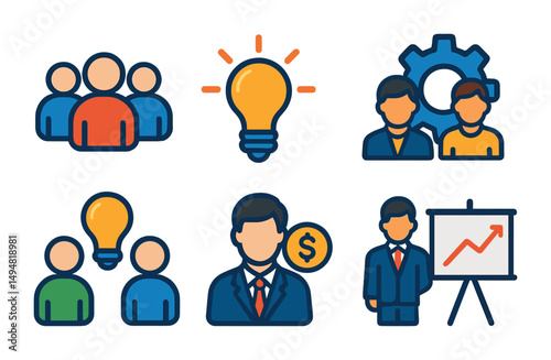 Business and teamwork icons set – flat, filled, creative and collaboration symbols