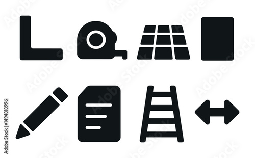 Construction solid icons set – tools, equipment, building silhouettes collection