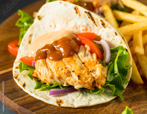 The taco is folded tightly and grilled, leaving distinct grill marks on the tortilla, set against a warm, rustic background.