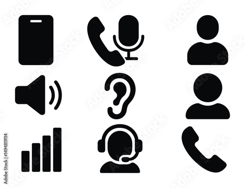Communication solid icons set – filled, contact, audio and call symbols
