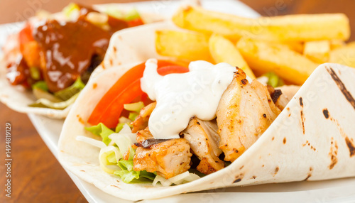 The taco is folded tightly and grilled, leaving distinct grill marks on the tortilla, set against a warm, rustic background.