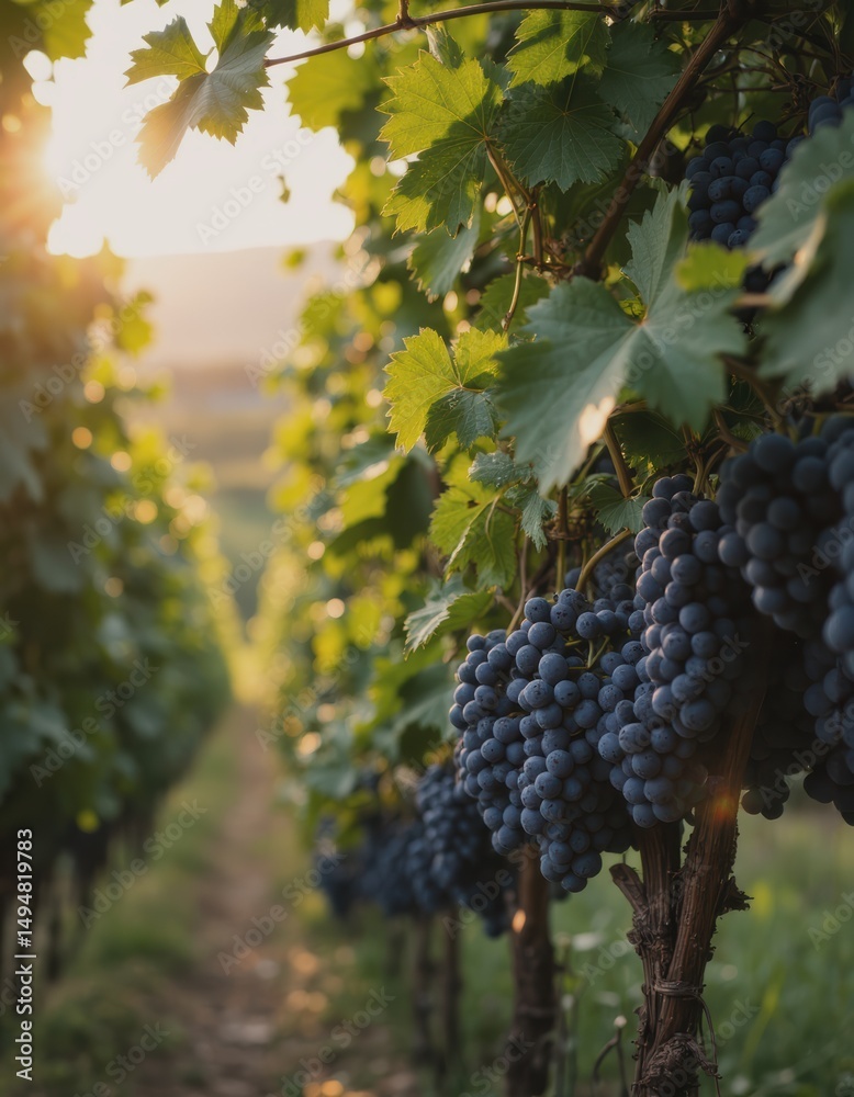 Fototapeta premium Lush vineyard with ripe grapes illuminated by the golden sunset