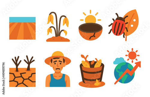 Climate change flat icons set – environmental, drought, global warming symbols