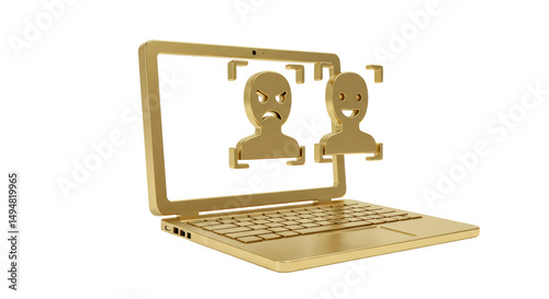 Isolated Golden Laptop Displaying Happy and Angry Face Icons