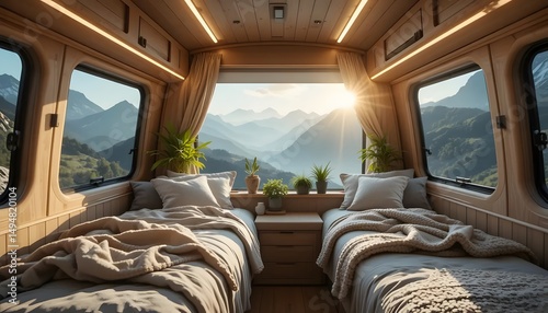 Cozy camper interior amidst breathtaking mountains