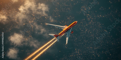 Airplane high above city at sunset