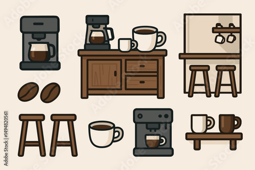 Coffee and cafe icons set – flat, outline, espresso and kitchen decor symbols