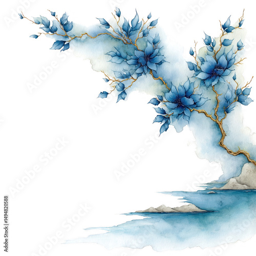 Watercolor painting shows blue fantasy flowers growing near reflective water.