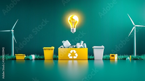 Bright Concept of Recycling with Light Bulb, Wind Turbines, and Waste Containers on a Modern Surface in a Minimalistic Style