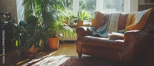 Sunny Living Room with Plants and Leather Armchair