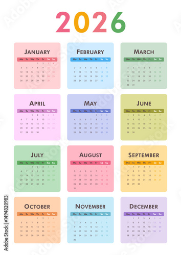 Colorful printable vertical 2026 calendar. Monday start. Desk or wall A4 calendar