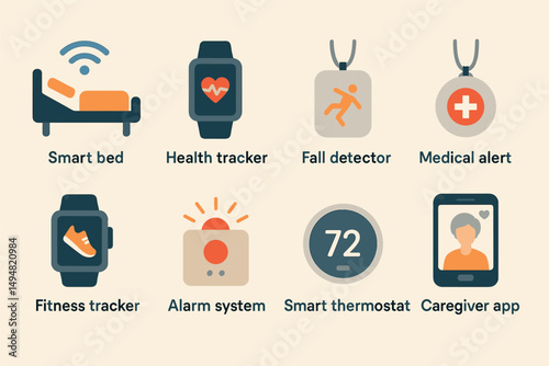 Smart home and health flat icons set – fitness, medical alert, digital devices