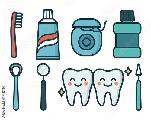 Dental care outline icons set – hygiene, oral health, flat design symbols
