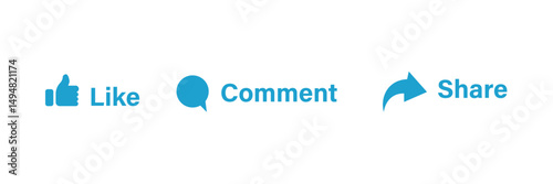 Like, Share and comment icons buttons set with sky color. Like icon button, thumb up, comment, repost and share icon buttons. Social media notification icons flat style. Vector illustration. EPS10