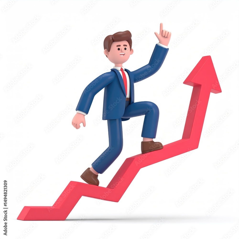 Businessman Ascending Red Arrow: A Joyful 3D Illustration Businessman Ascending Red Arrow: A Joyful 3D Illustration