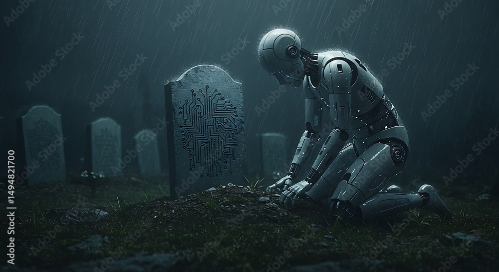 Fototapeta premium Mourning Machine: Robot grieves at grave under a somber sky