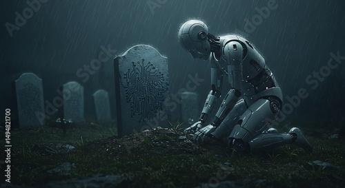 Mourning Machine: Robot grieves at grave under a somber sky