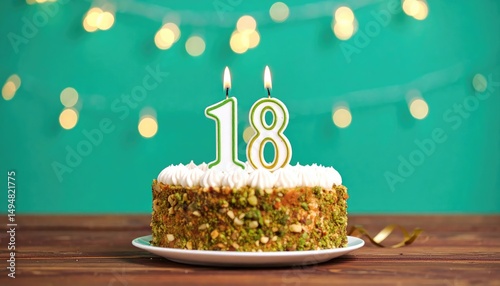 Eighteenth Birthday Cake: Festive Pistachio Delight with Candles
