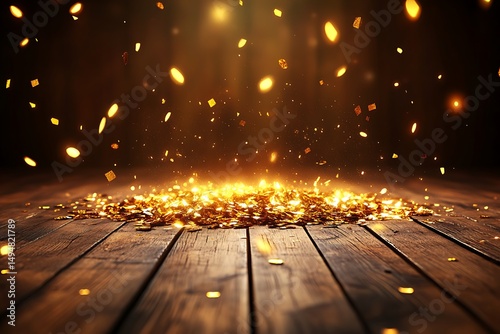 Golden confetti on wooden floor