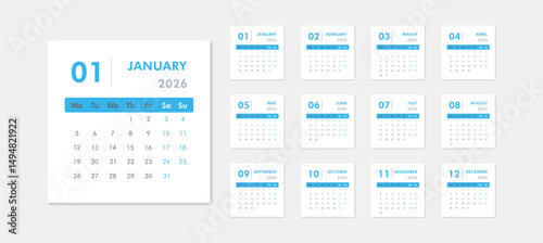 Monthly blue calendar template for 2026 year. Week starts on Monday. Desk or wall calendar in minimal style
