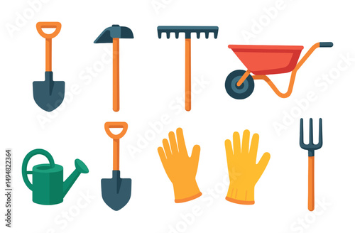 Gardening tools flat icons set – filled, planting, horticulture symbols