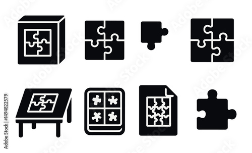 Puzzle game flat icons set – solid, pieces, jigsaw symbols for fun design