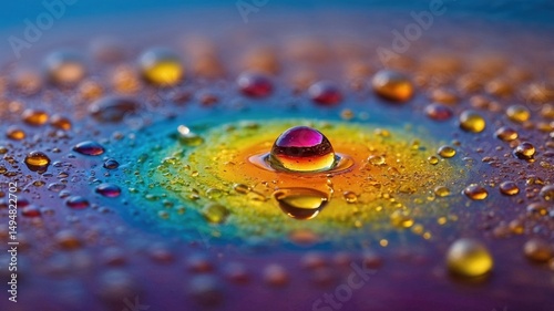 Vibrant water droplets form mesmerizing rings on a rainbow-hued surface, radiating color and light in stunning macro detail